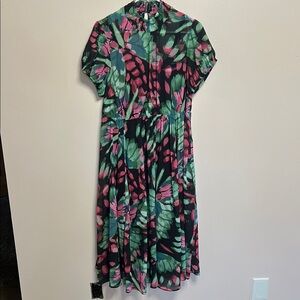 Torrid Green and Pink Sundress with Flutter Sleeves and Mock Neck